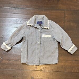 Vintage and OOAK Children's Button-Down Shirt with Blue Pinstripes and Lace Trim